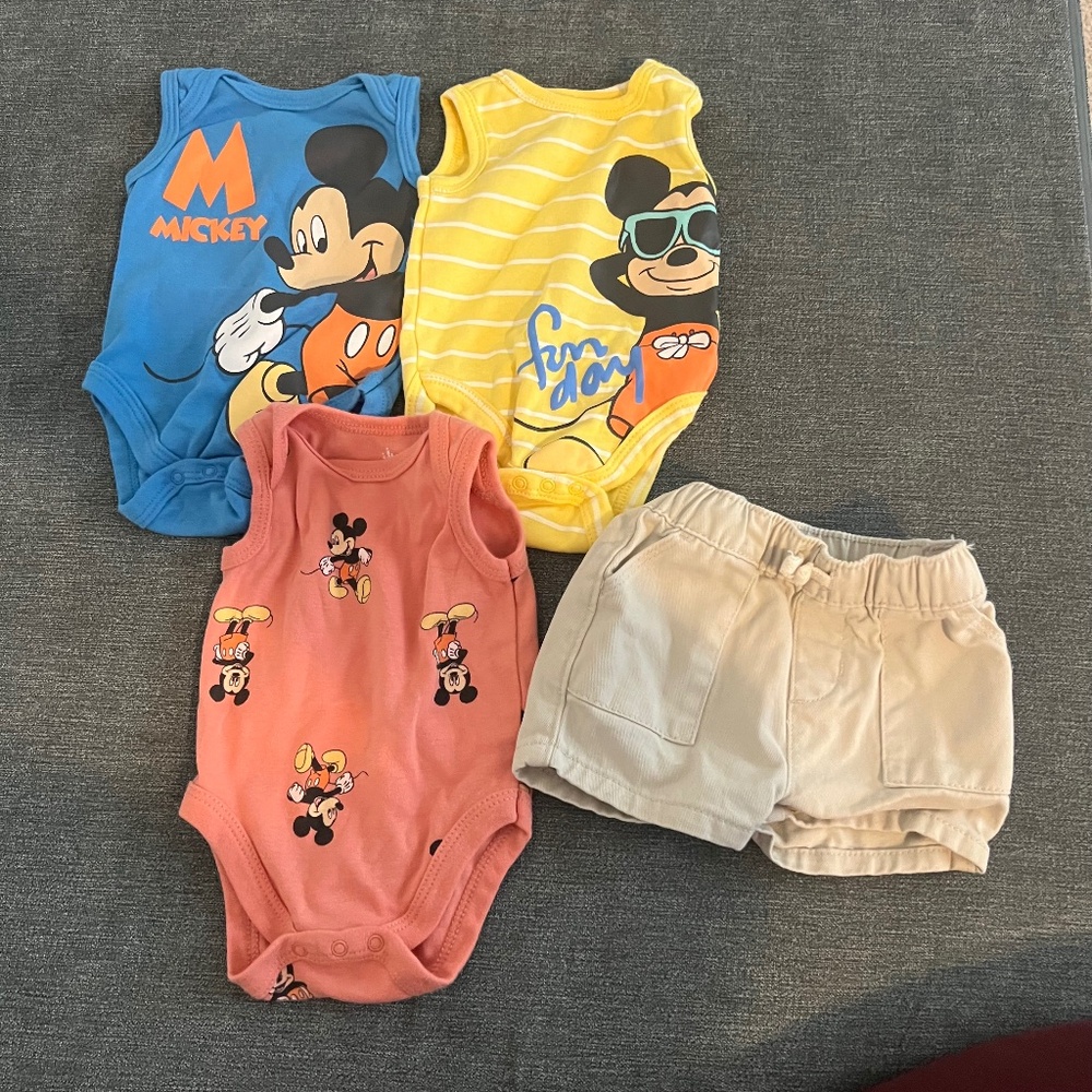 Bundle of baby boy Mickey Mouse tank bodysuit with gap khaki shorts 0-3 month